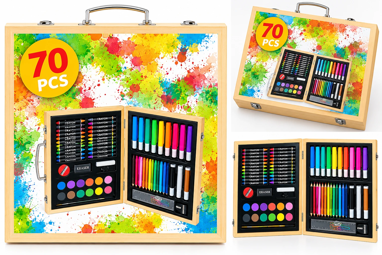 70-Piece Wooden Art Set – Kids Drawing, Painting & Coloring Kit with Portable Carrying Case